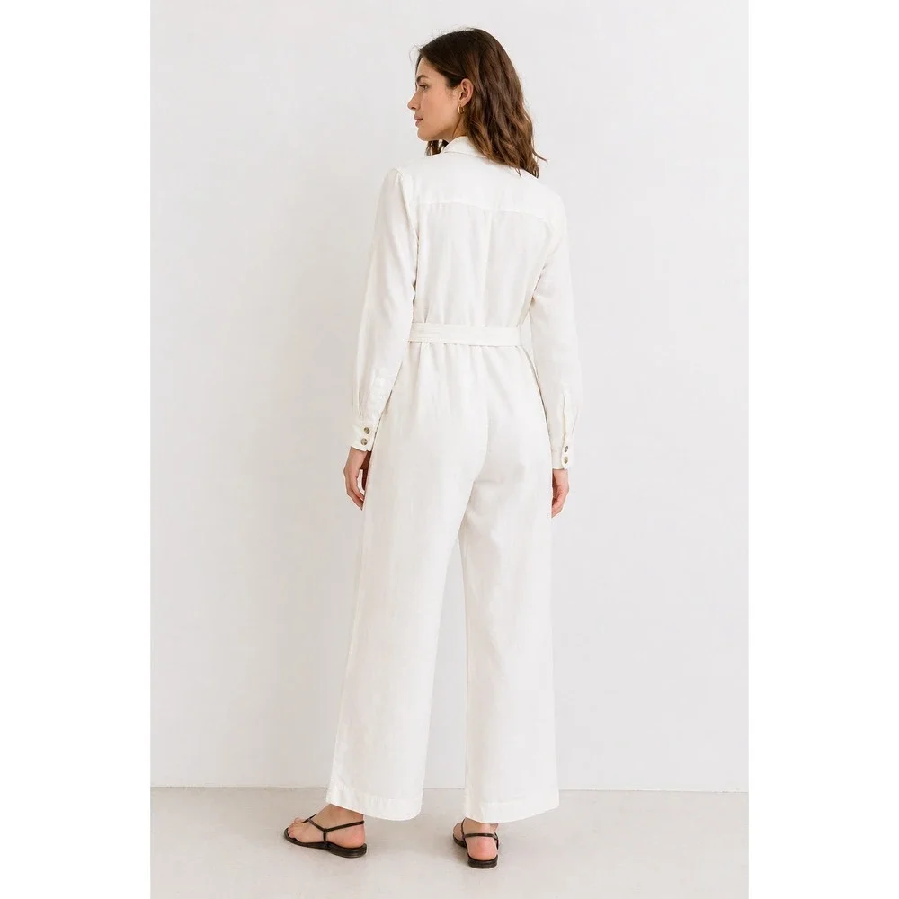 Banana Republic Utility Jumpsuit Womens S White Linen Blend Belted Wide Leg